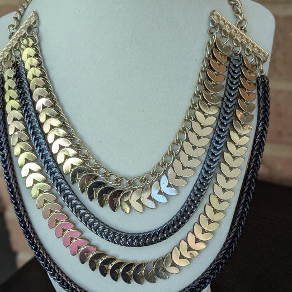 Layered Gold Leaf Chain Necklace, Black Chunky Bib Necklace, Vintage Statement